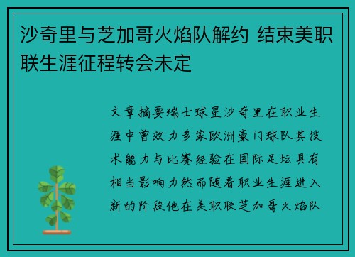 沙奇里与芝加哥火焰队解约 结束美职联生涯征程转会未定